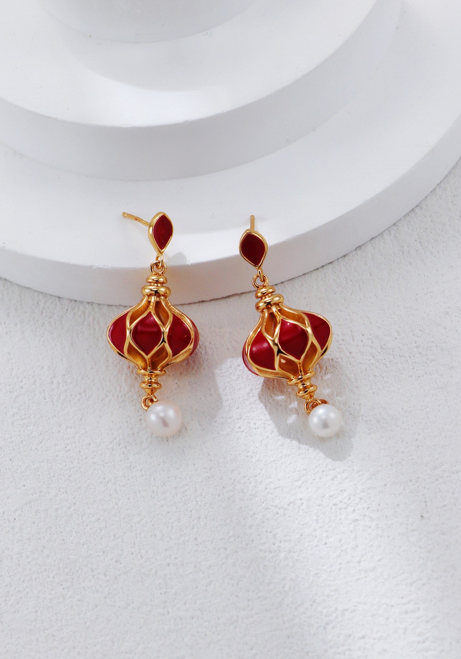 S925 Silver Vintage Gold Red Enamel Lantern Pearl Earrings
