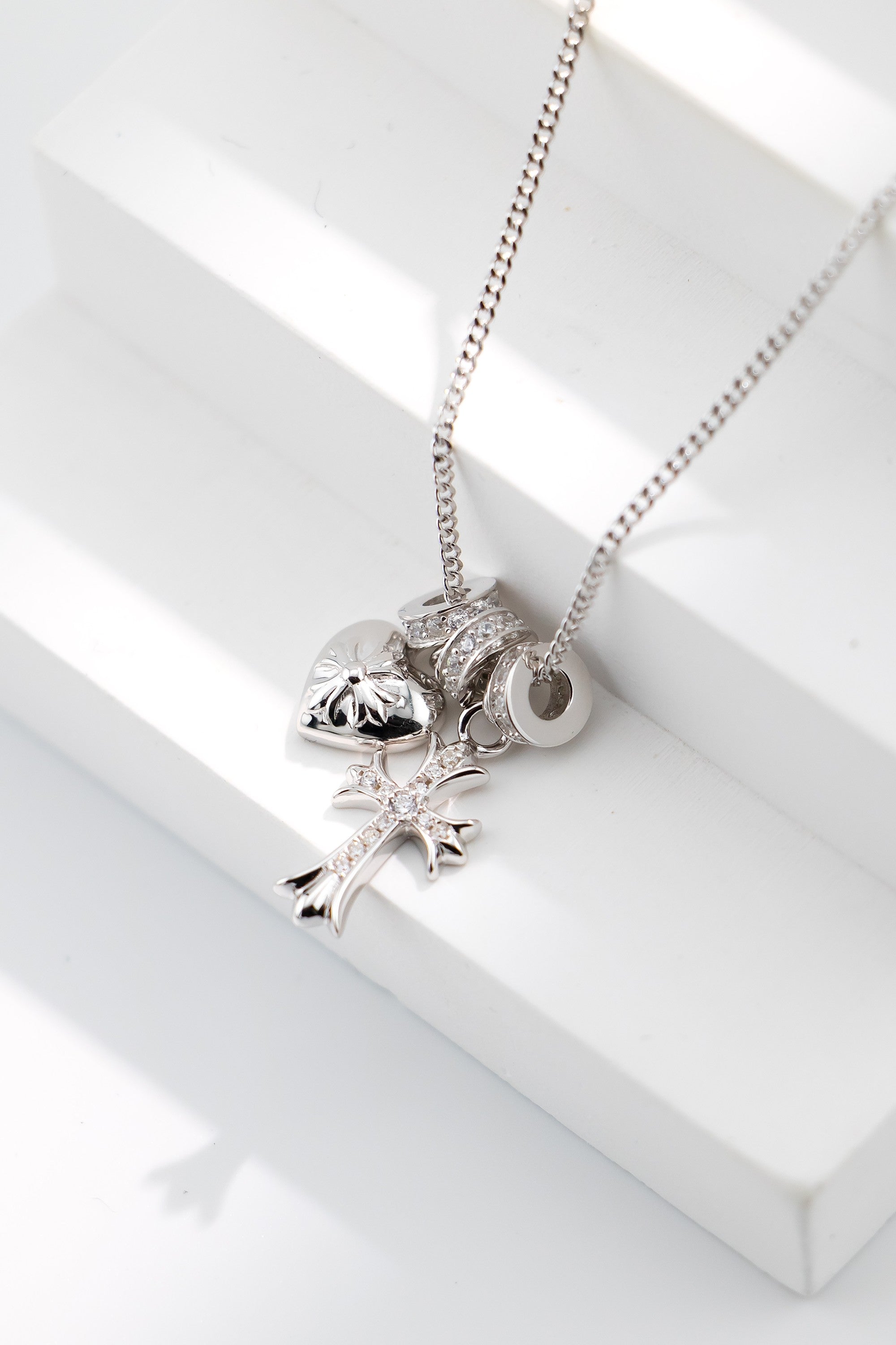 S925 Silver Zircon Heart & Cross Necklace