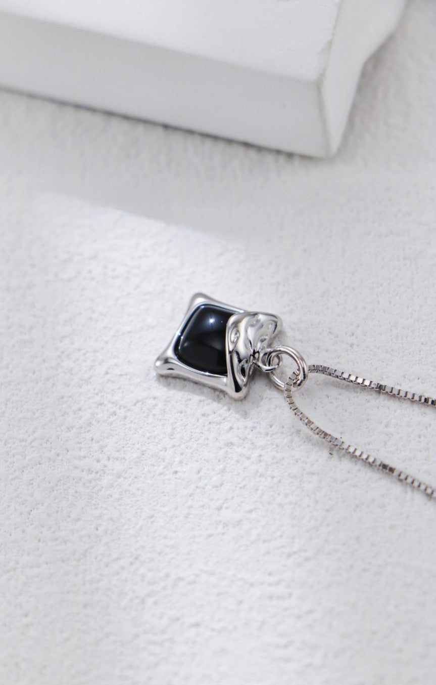 Square Cut Black Agate & Sterling Silver Necklace3