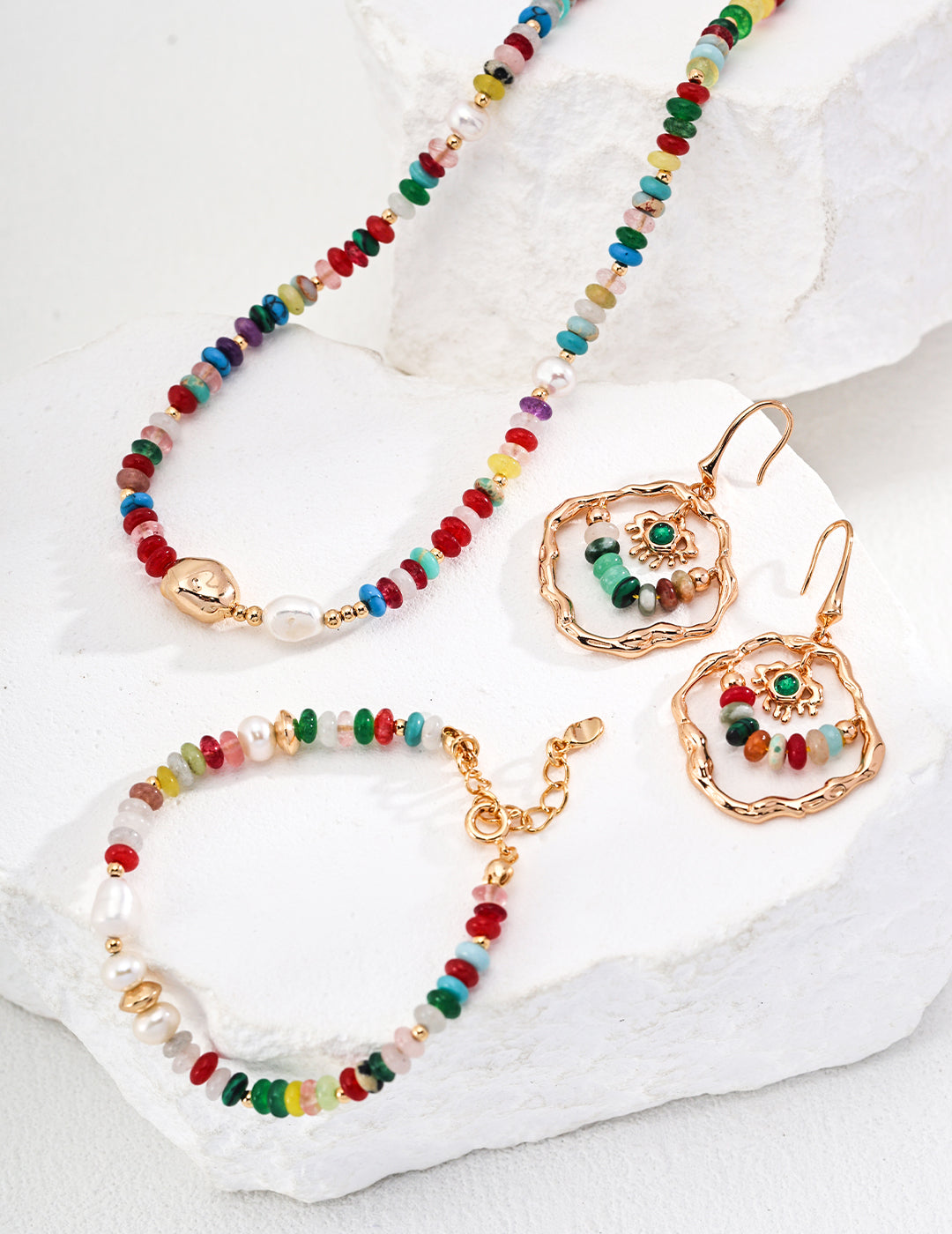 Sterling Silver Pearl & Colorful Gemstone Necklace