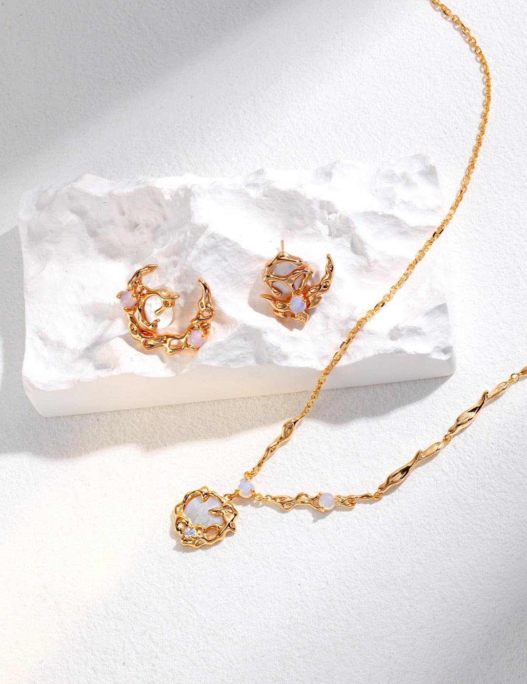 The Moon Radiance Earrings and Necklace Set | Asymmetrical Opal & Mother of Pearl