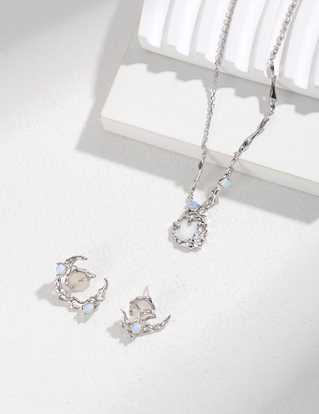 The Moon Radiance Earrings and Necklace Set | Asymmetrical Opal & Mother of Pearl