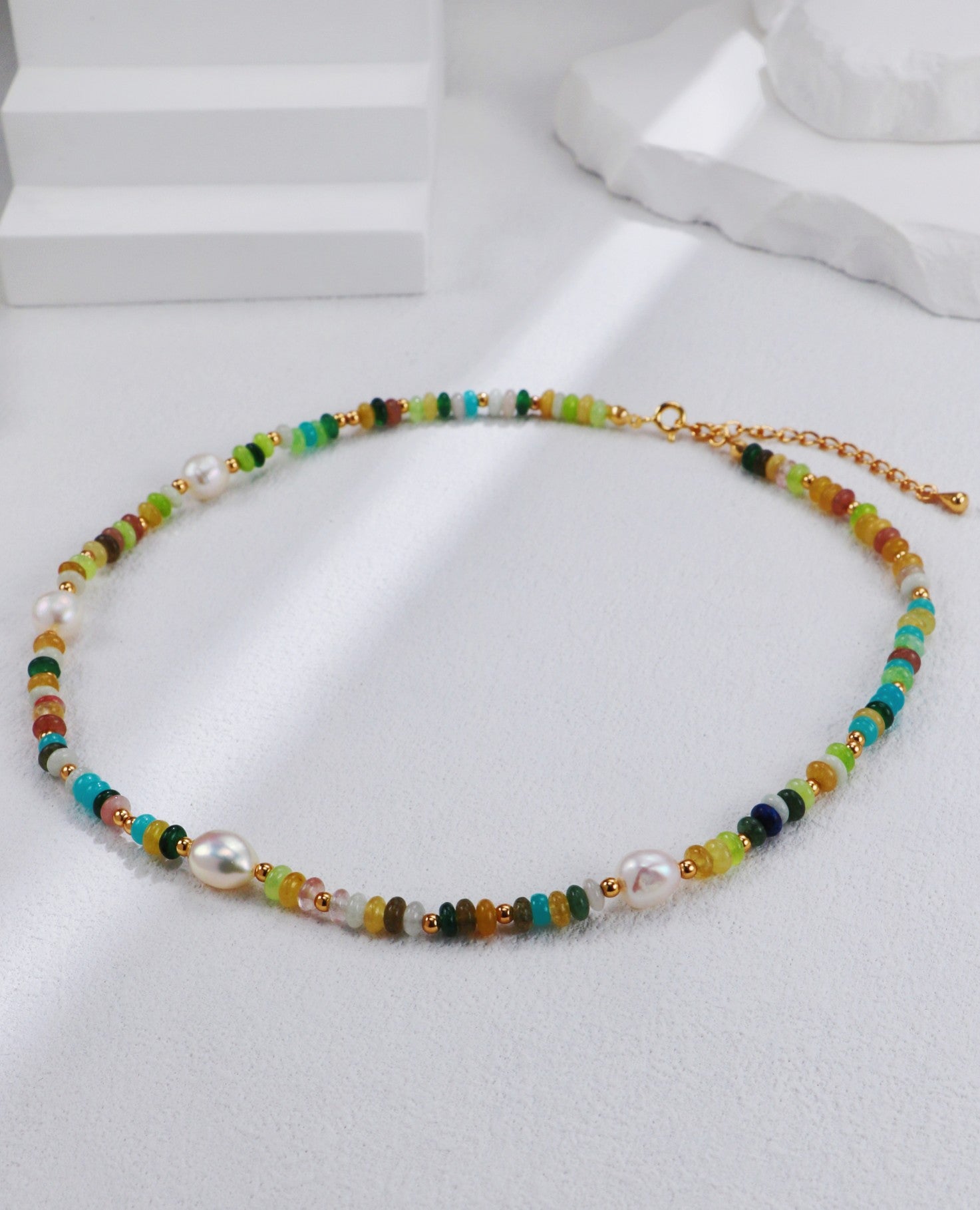 S925 Silver Vintage Gold Rainbow Pearl Necklace and Bracelet Set