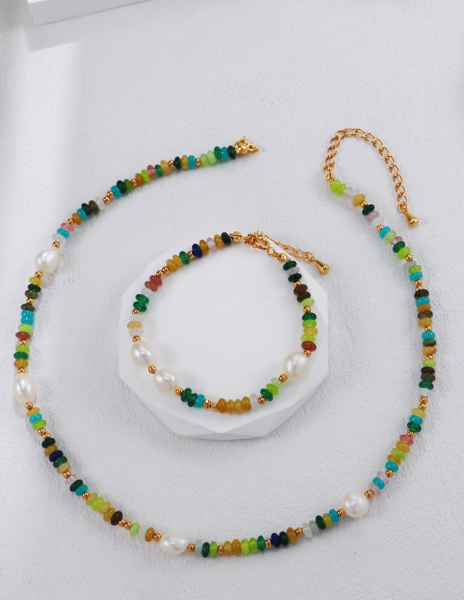S925 Silver Vintage Gold Rainbow Pearl Necklace and Bracelet Set