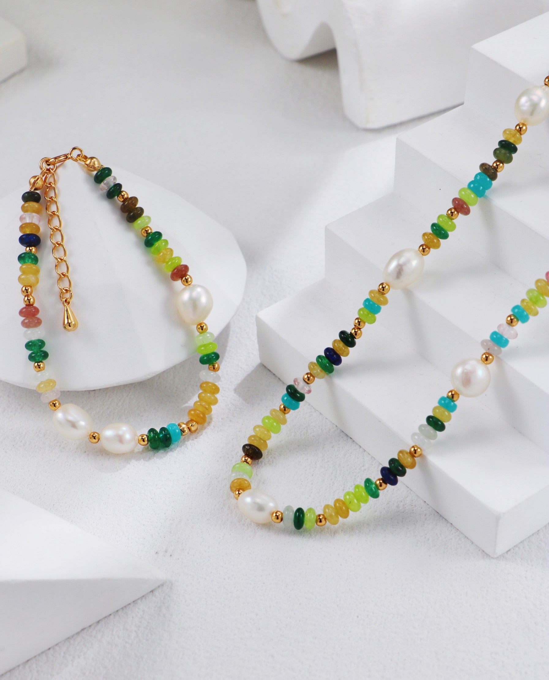 S925 Silver Vintage Gold Rainbow Pearl Necklace and Bracelet Set