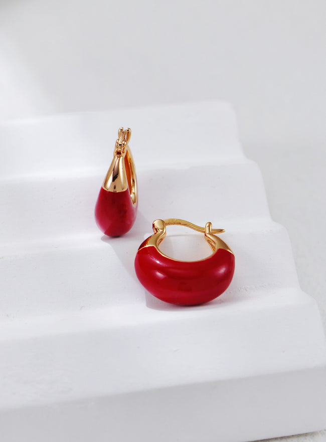 S925 Silver Vintage Gold&Red Enamel Hoop Earrings|Retro Chic Vibe Hover Image
