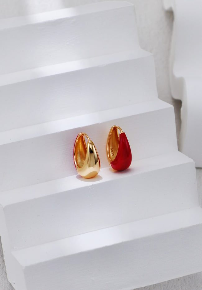 S925 Silver Vintage Gold&Red Enamel Earrings|Retro Hong Kong Style Hover Image