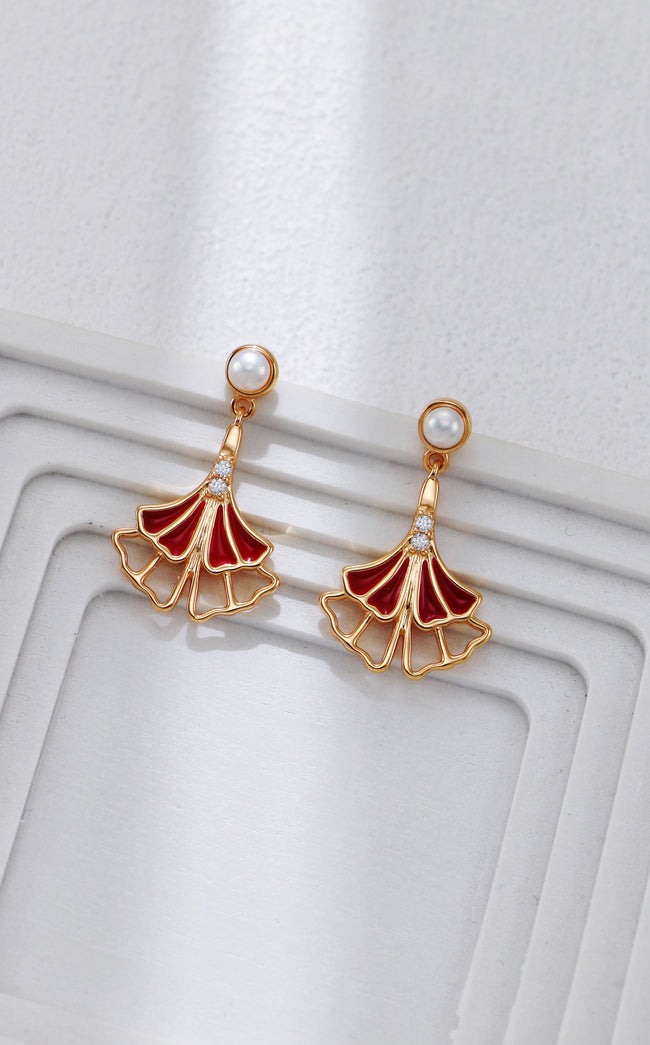 S925 Silver Vintage Gold Ginkgo Leaf Red Enamel Earrings|Oriental Elegance Hover Image