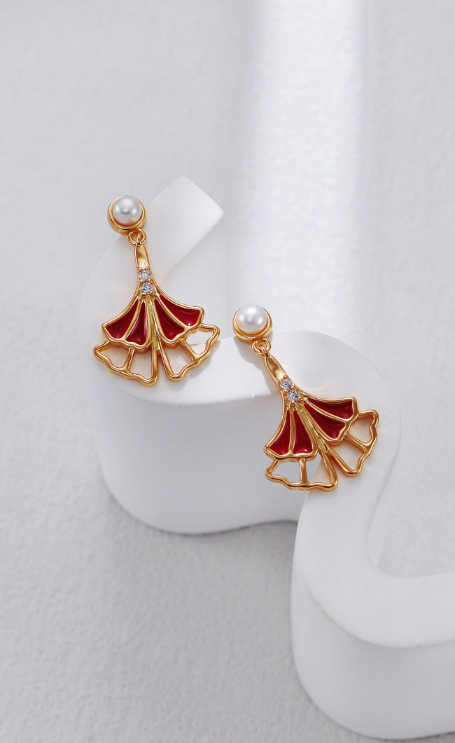 S925 Silver Vintage Gold Ginkgo Leaf Red Enamel Earrings|Oriental Elegance Main Image