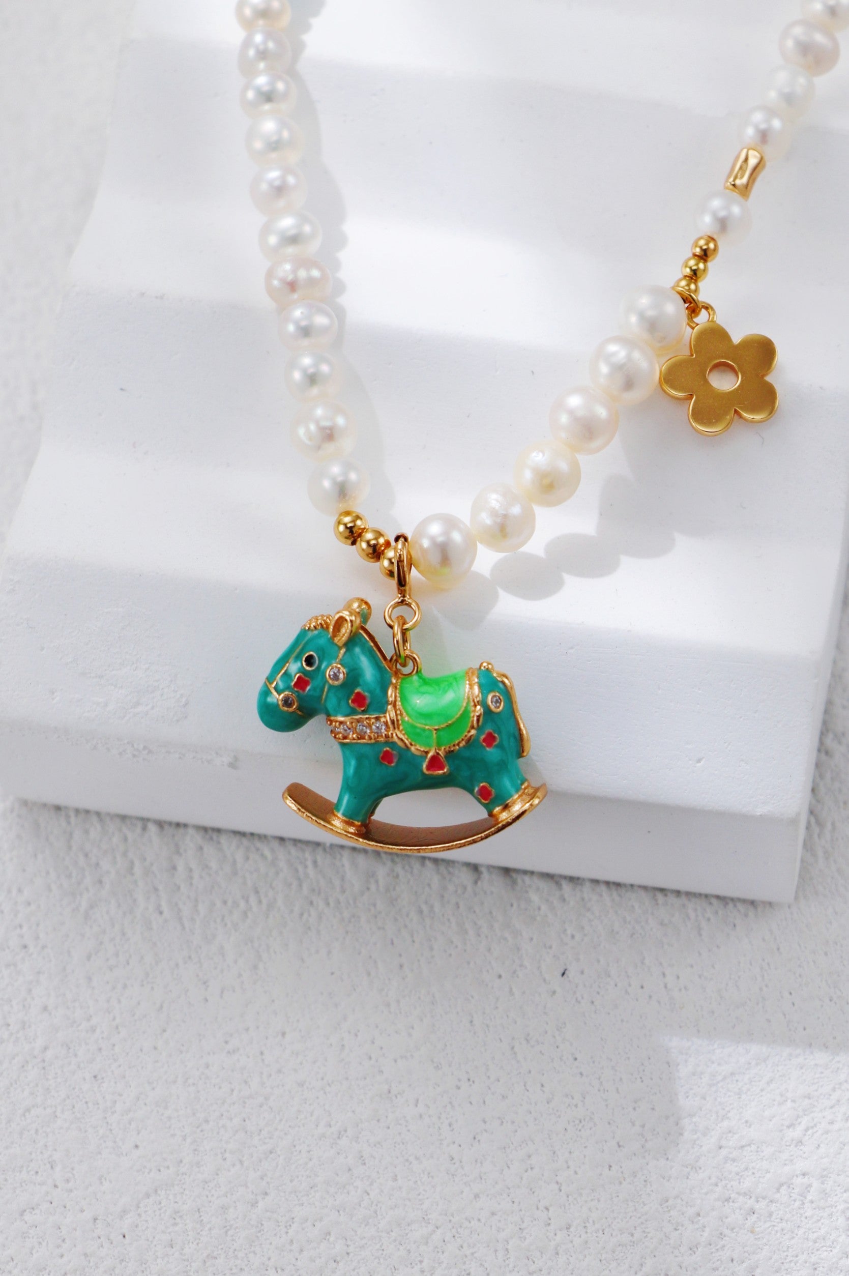 S925 Silver Retro Gold Enamel Trojan Horse Pearl Necklace