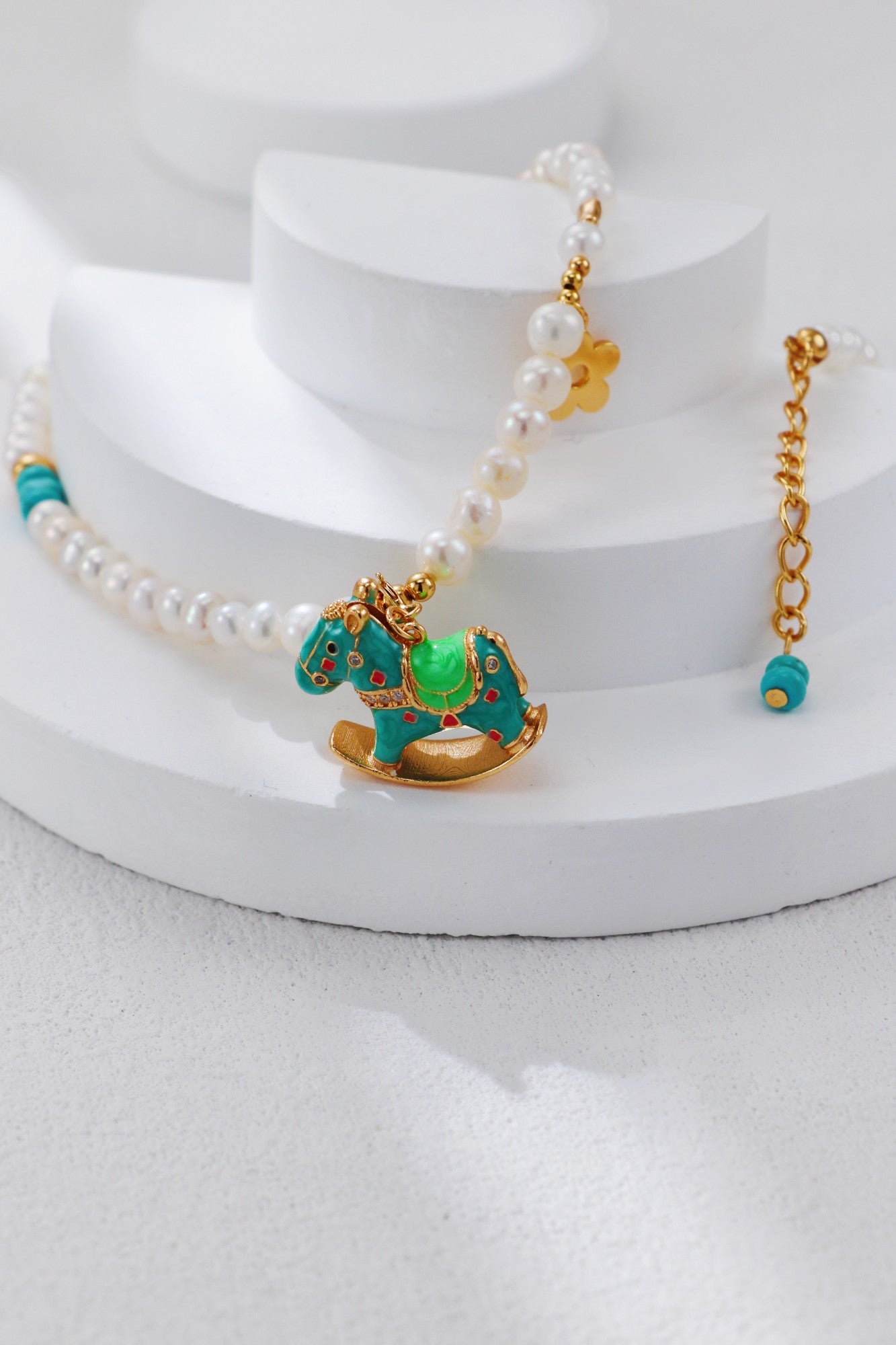 S925 Silver Retro Gold Enamel Trojan Horse Pearl Necklace