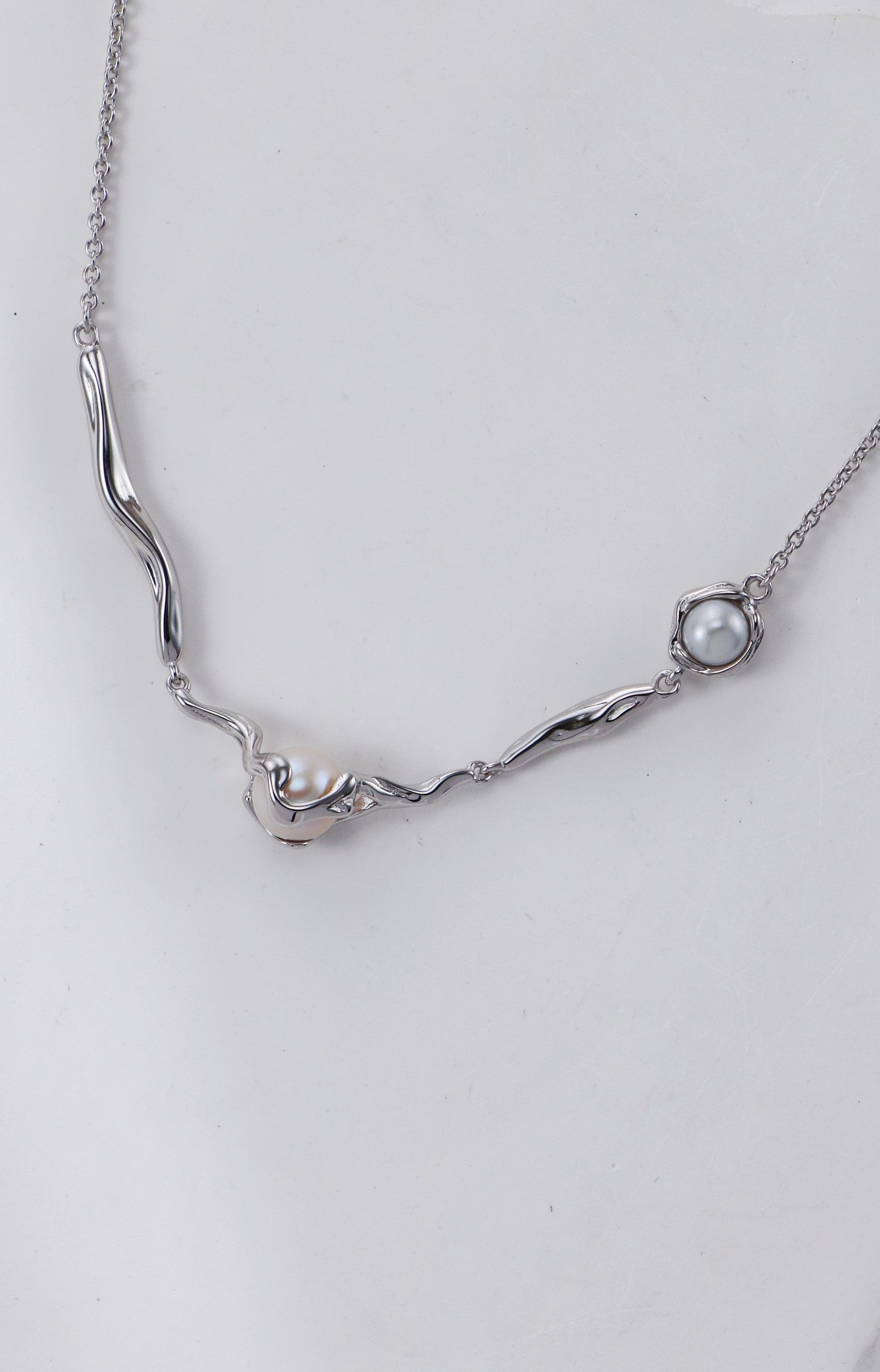 Sculptural Sterling Silver & Luminous Pearl Necklace
