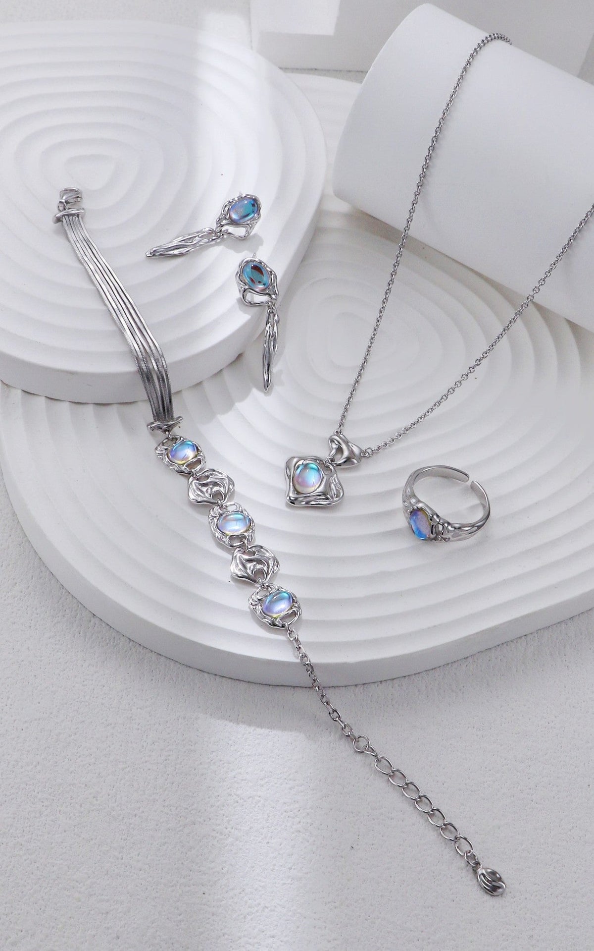 Ethereal Aura moonstone necklace, earrings, bracelet and ring in sterling silver