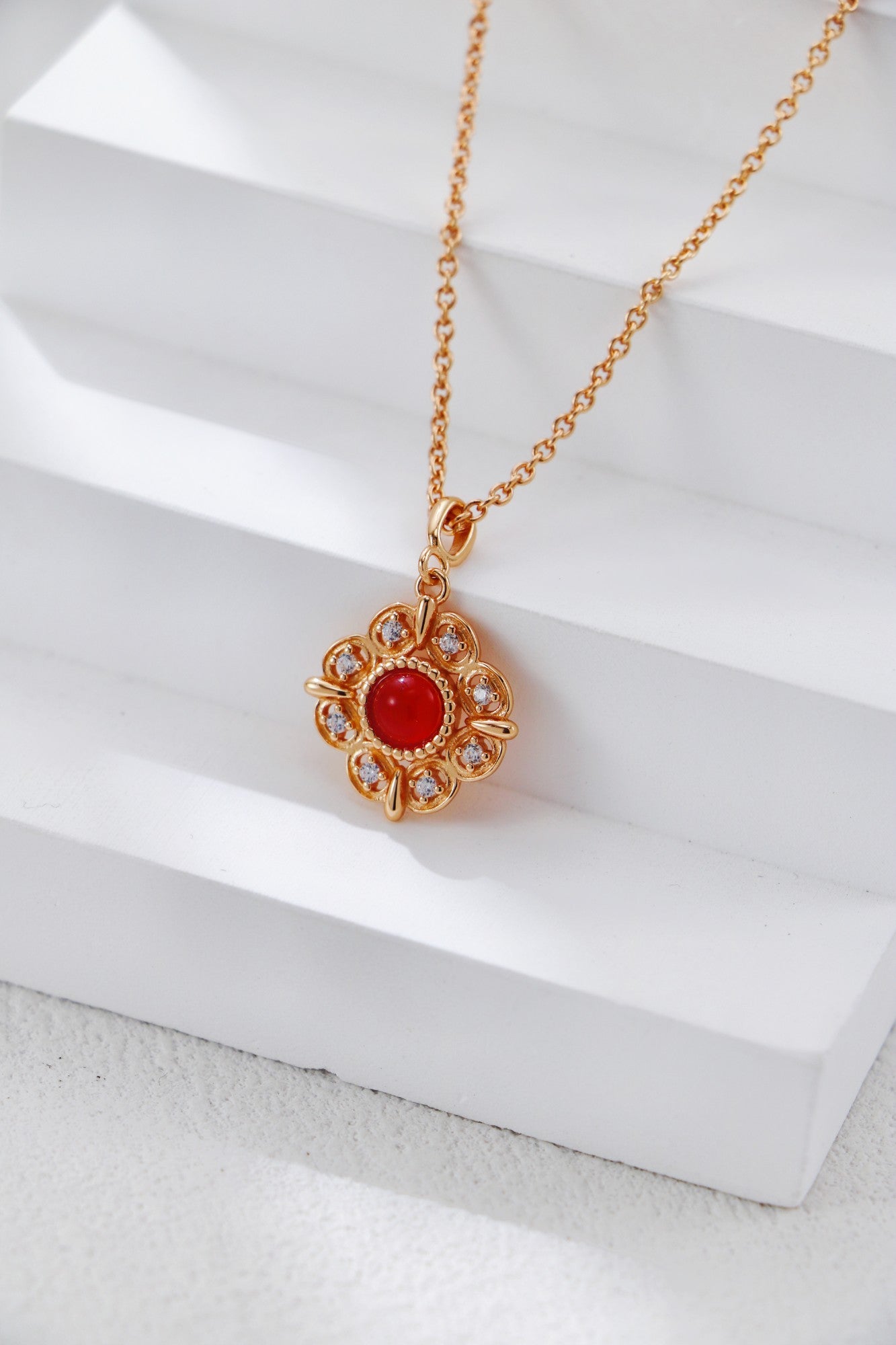 S925 Silver Vintage Floral Red Agate Necklace