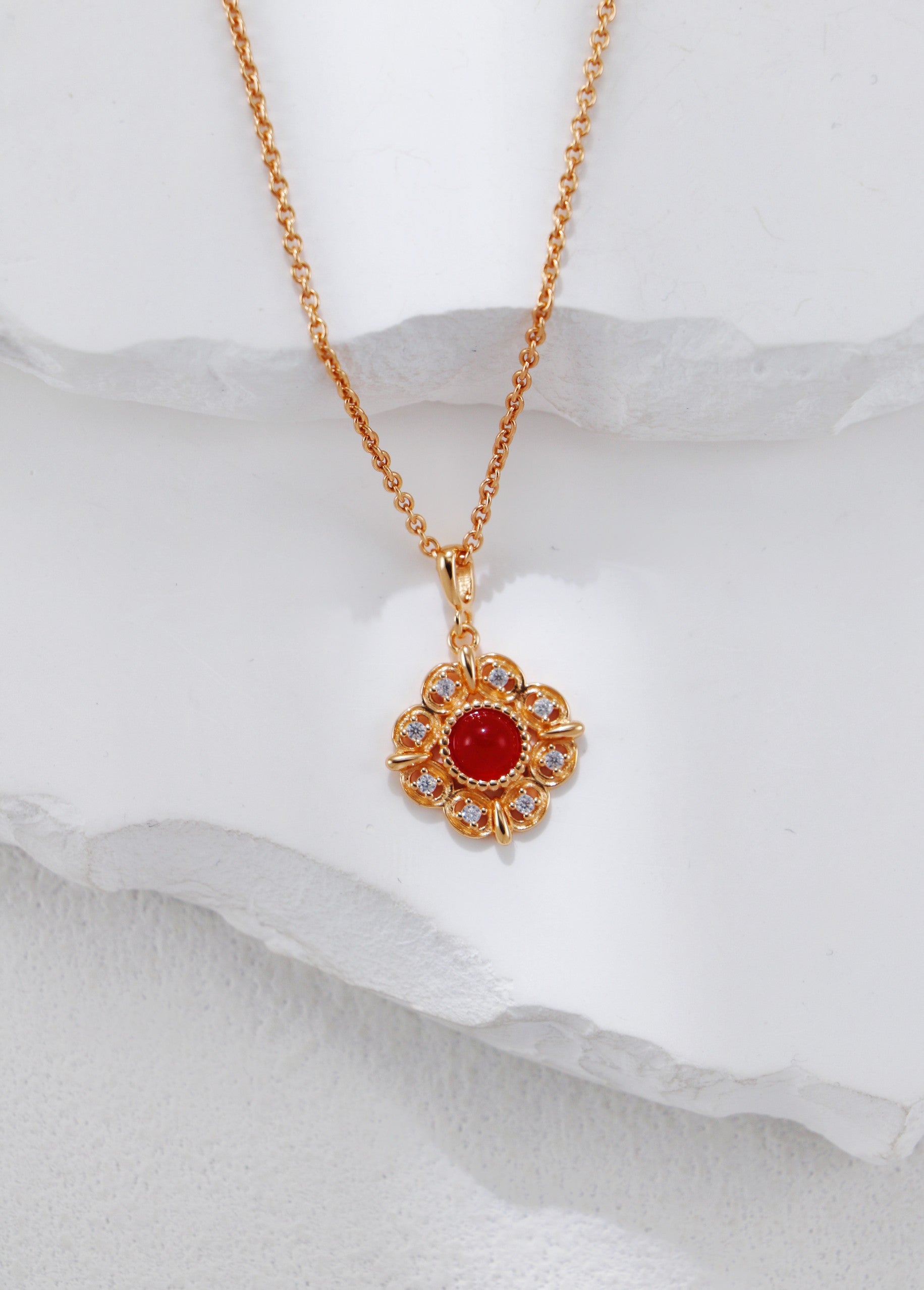 S925 Silver Vintage Floral Red Agate Necklace