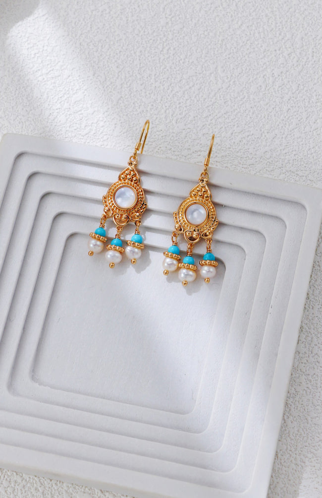 S925 Silver Vintage Gold Court Style Mother-of-Pearl Pearl Earrings Hover Image