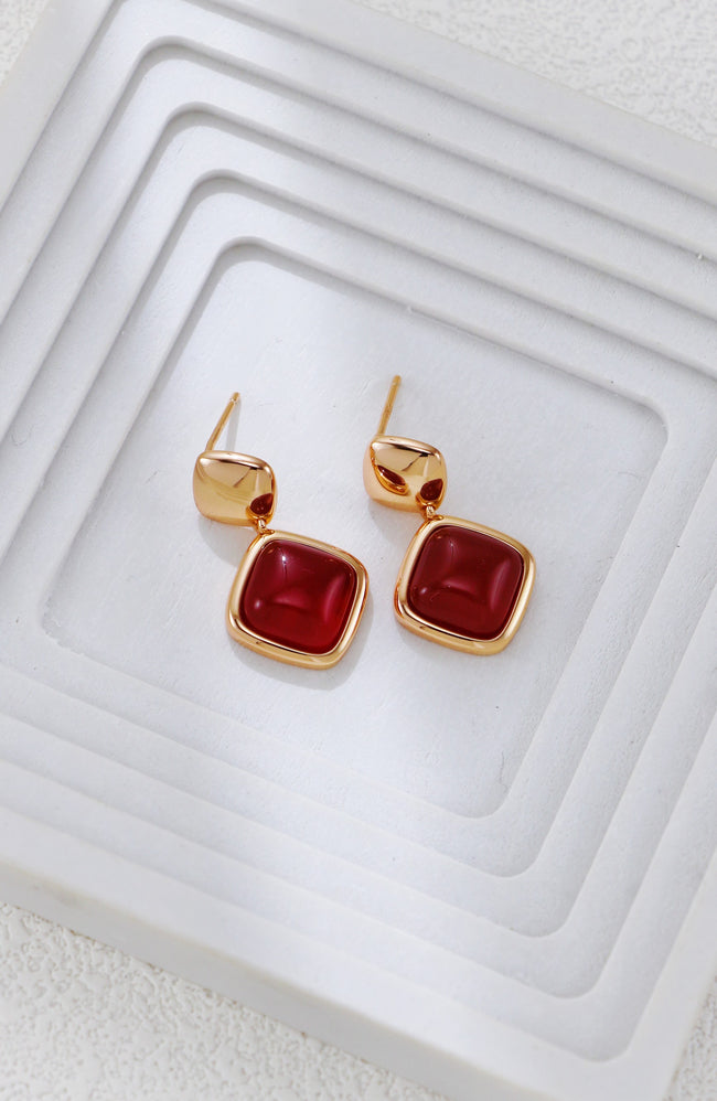 S925 Silver Vintage Gold Red Agate Earrings Hover Image