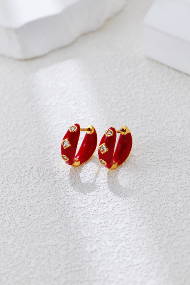 S925 Silver Vintage Gold Red Enamel Earrings Hover Image