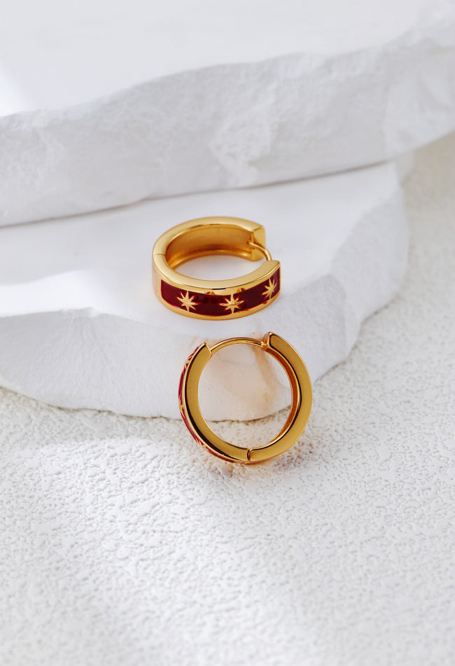 S925 Silver Vintage Gold Red Enamel Earrings Hover Image