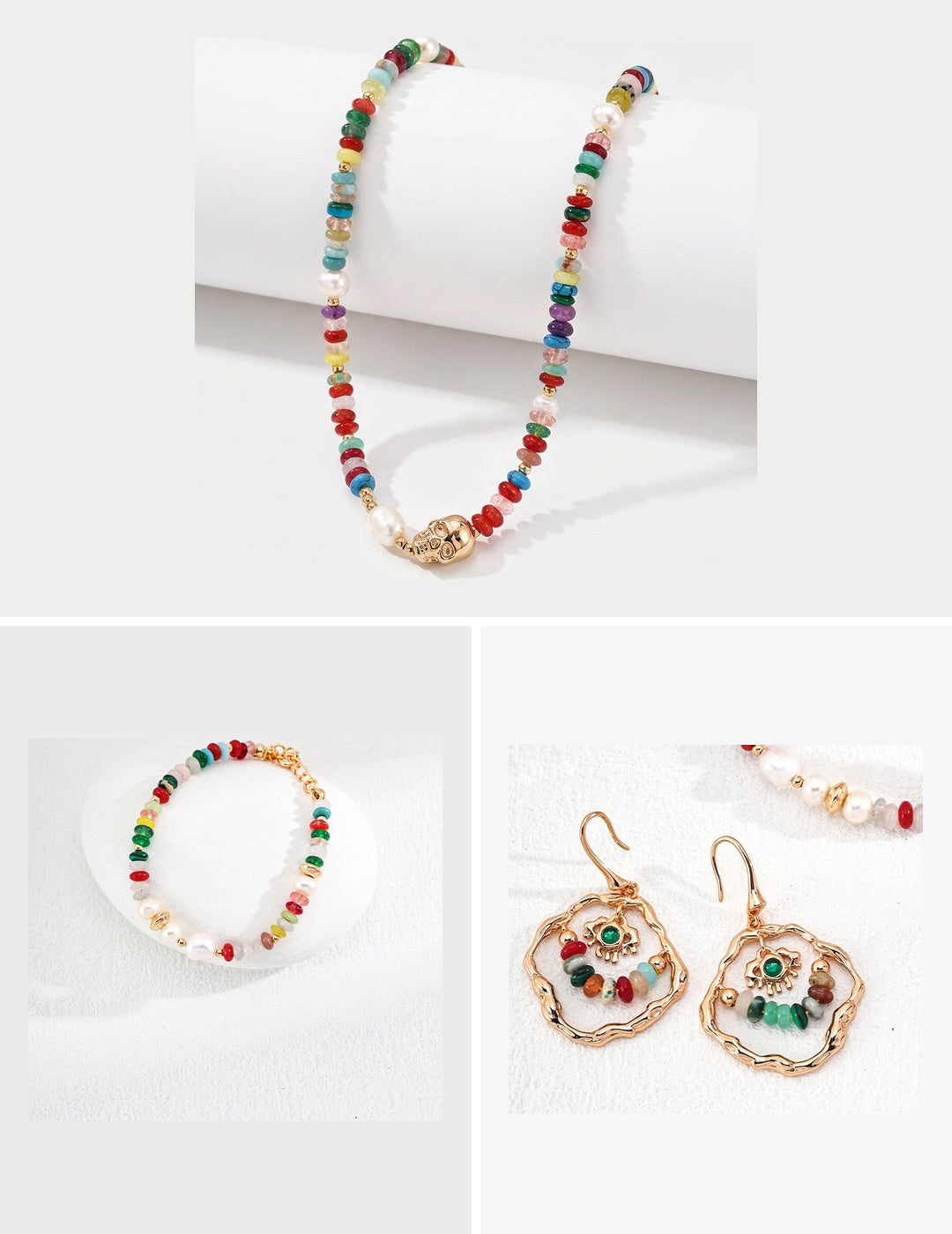 The three-piece Sterling Silver Color Pop Pearl Set: a multicoloured stone and freshwater pearl necklace, the matching beaded bracelet, and the round drop earrings.