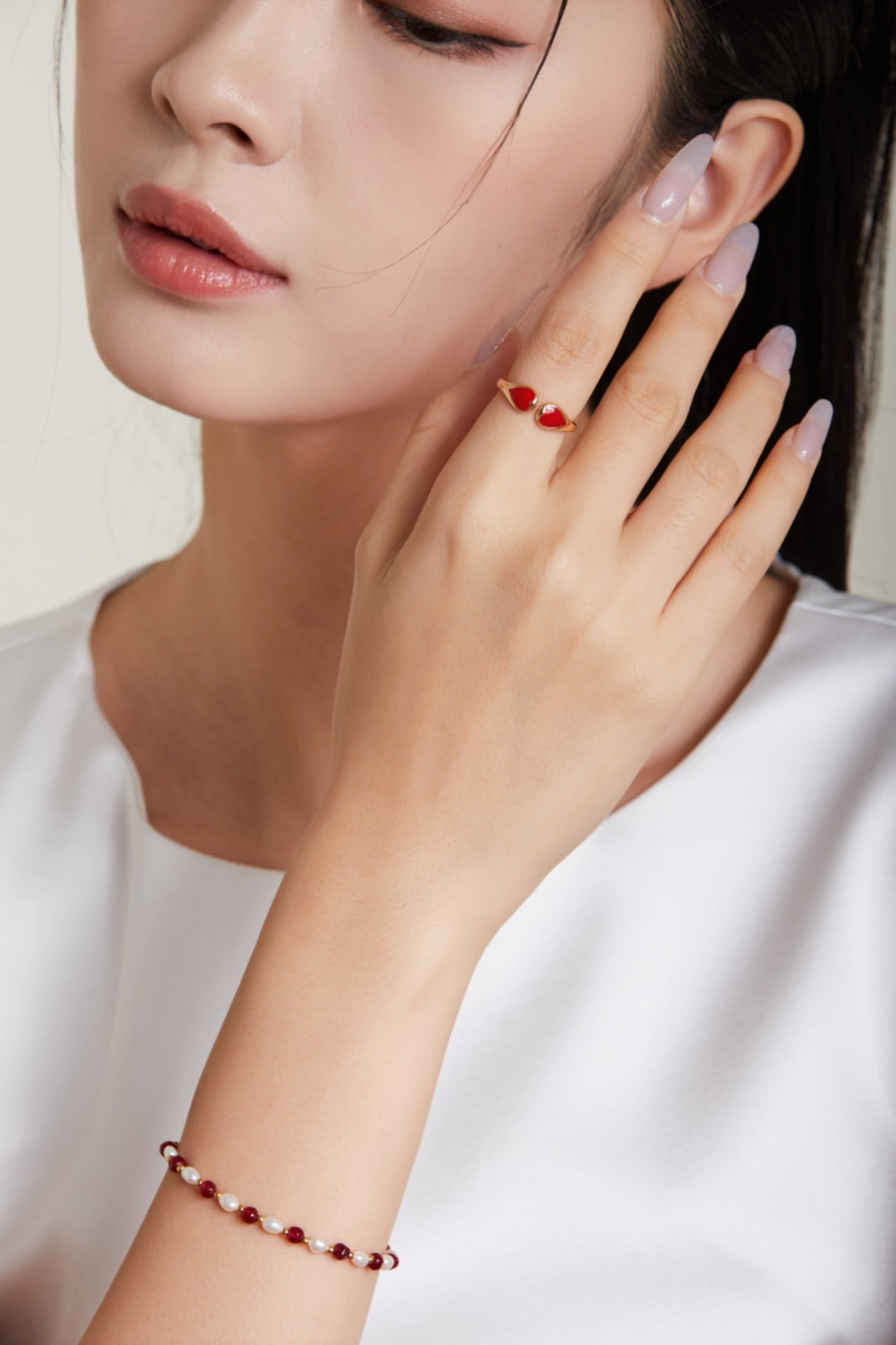 Bague cœur en émail rouge et argent sterling