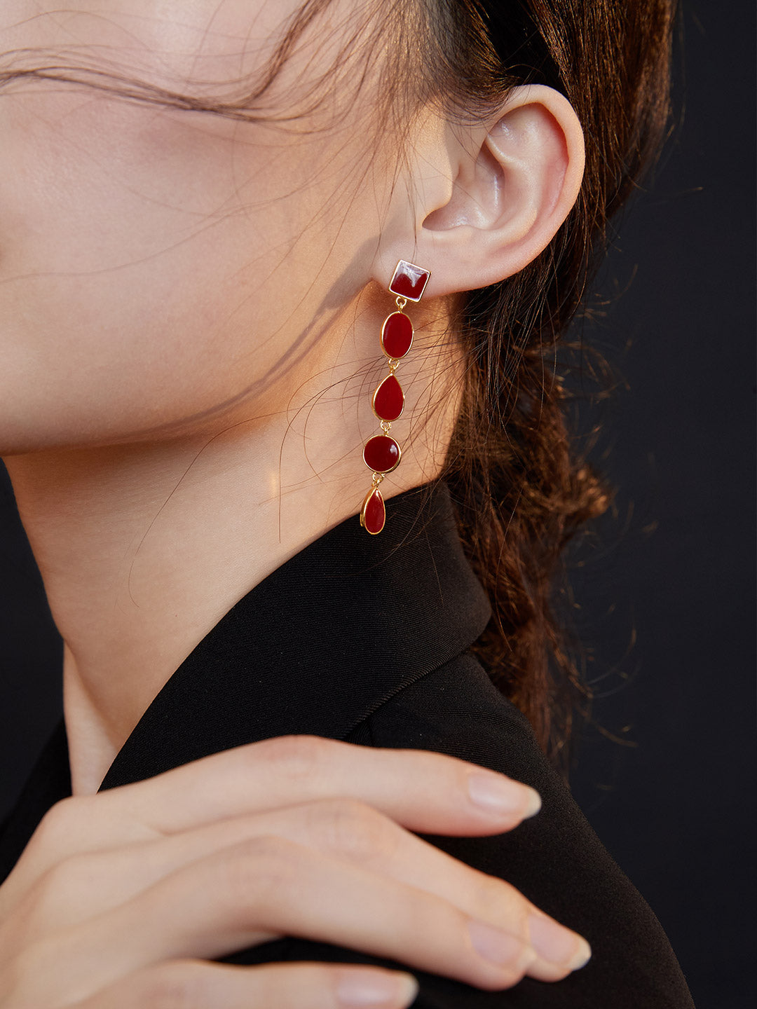Chinese Red Enamel Earrings|Geometric Dangle Sterling Silver Collection