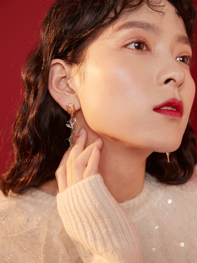 Vintage Rose Drop Earrings|Sterling Silver with Color Zircon Main Image