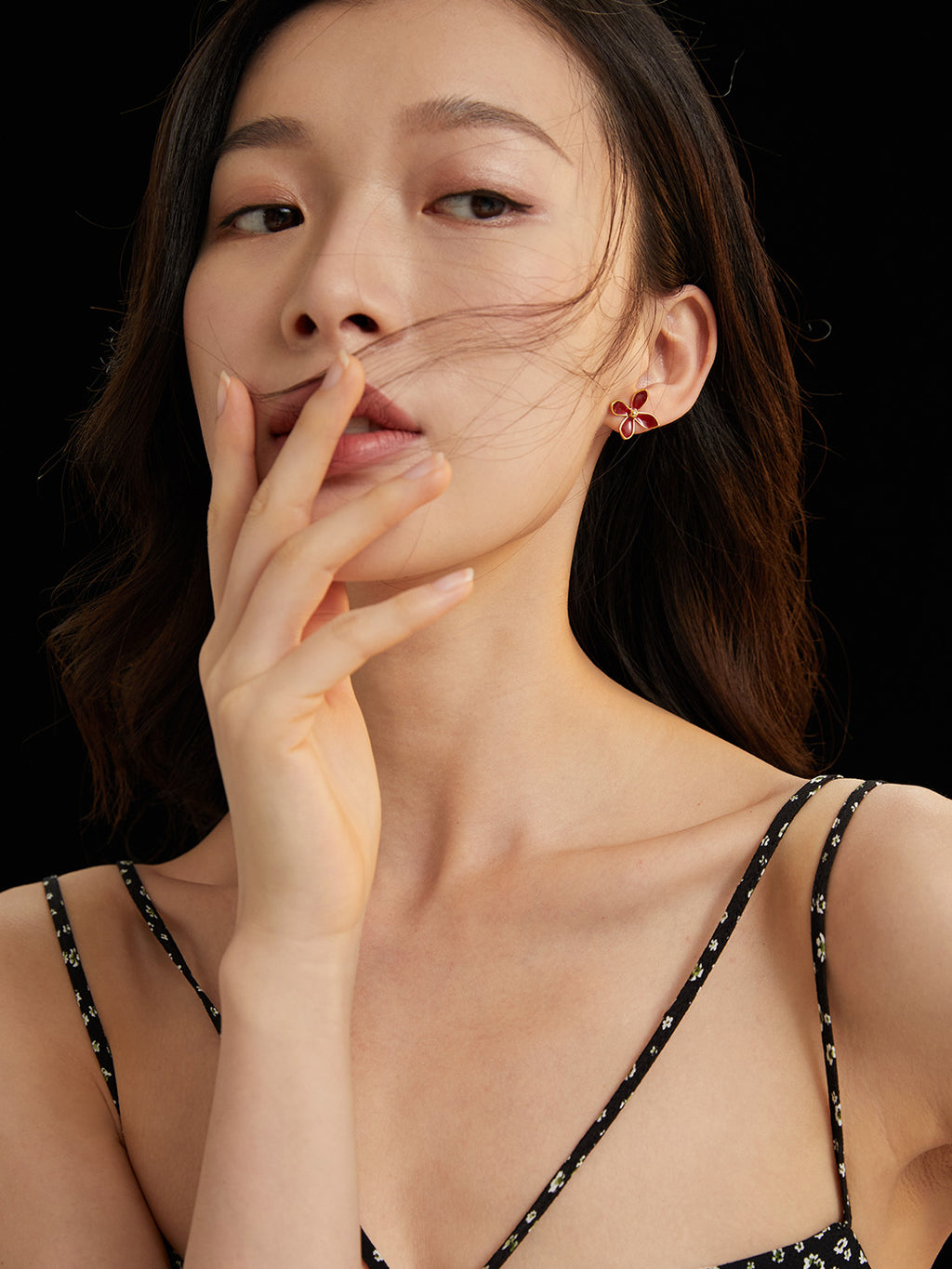 Chinese Red Enamel Flower Earrings|Sterling Silver Vibrant Bloom