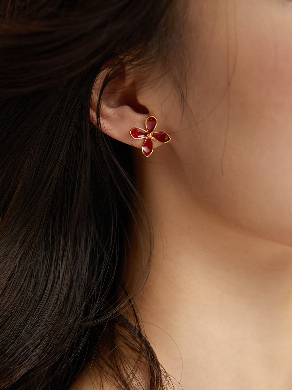 Chinese Red Enamel Flower Earrings|Sterling Silver Vibrant Bloom