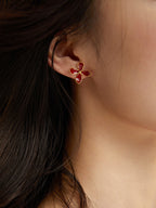 Chinese Red Enamel Flower Earrings|Sterling Silver Vibrant Bloom