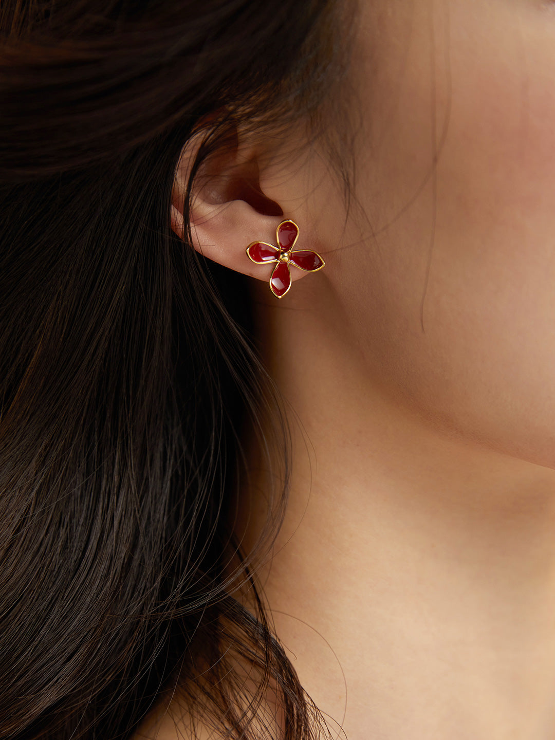 Chinese Red Enamel Flower Earrings|Sterling Silver Vibrant Bloom
