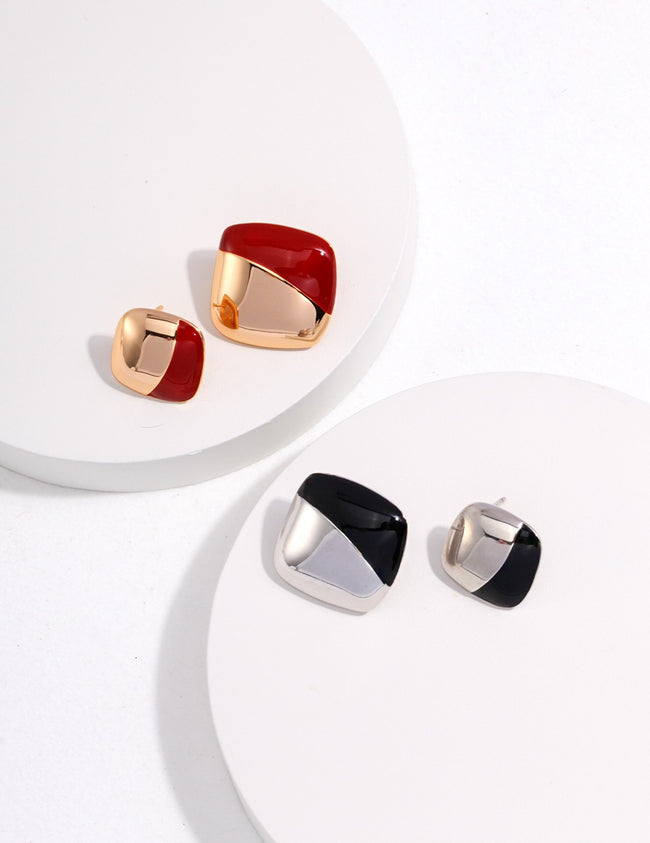 Chinese Red Enamel Earrings|Asymmetrical Geometric Sterling Silver Hover Image