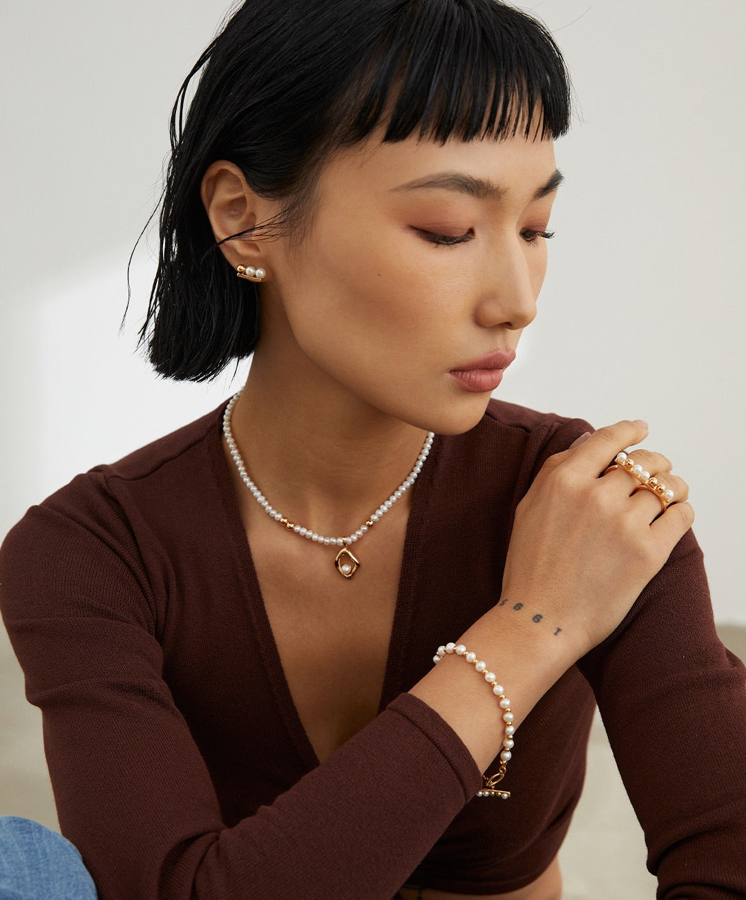 Avant-Garde Sterling Silver Pearl Necklace and Earring Set