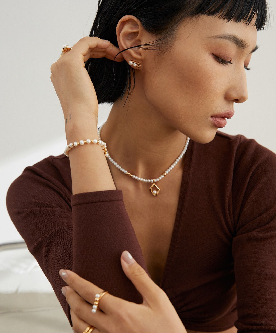 Avant-Garde Sterling Silver Pearl Necklace and Earring Set