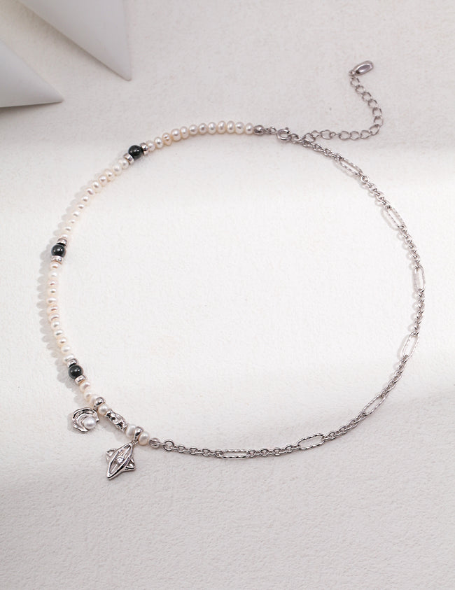 Sterling Silver Pearl Necklace|Moon&Star Series Hover Image