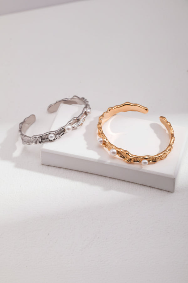 The Molten Ocean Collection | Liquid Sterling Silver & Natural Pearl Bangle and Ring Set