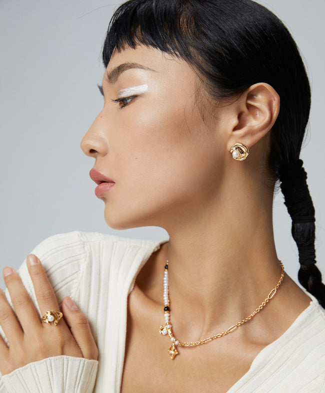 Sterling Silver Pearl Necklace|Moon&Star Series Main Image