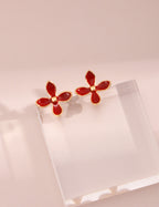 Chinese Red Enamel Flower Earrings|Sterling Silver Vibrant Bloom