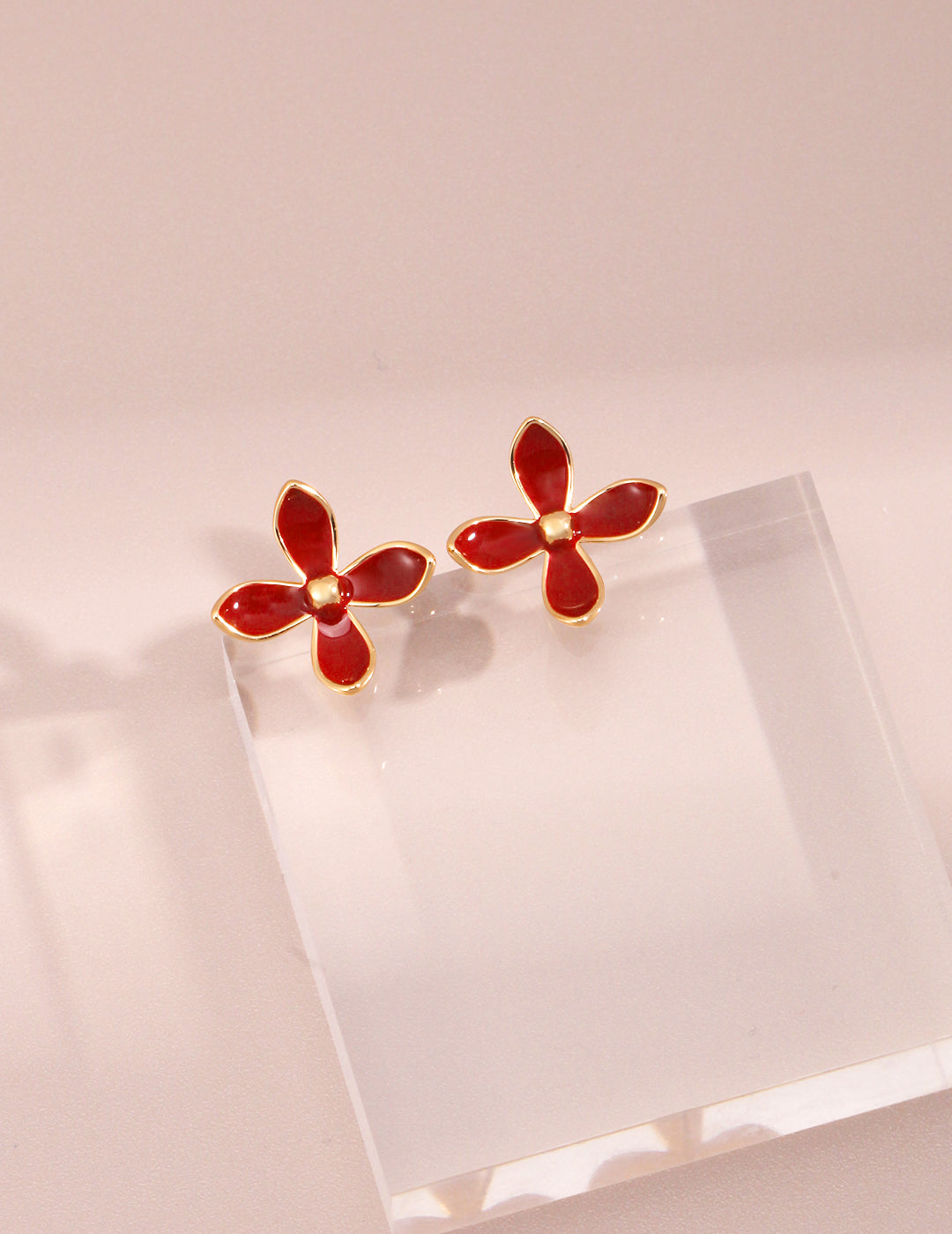 Chinese Red Enamel Flower Earrings|Sterling Silver Vibrant Bloom