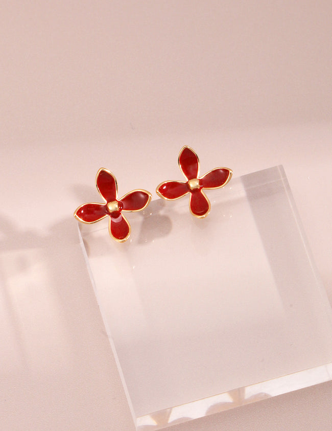 Chinese Red Enamel Flower Earrings|Sterling Silver Vibrant Bloom Hover Image