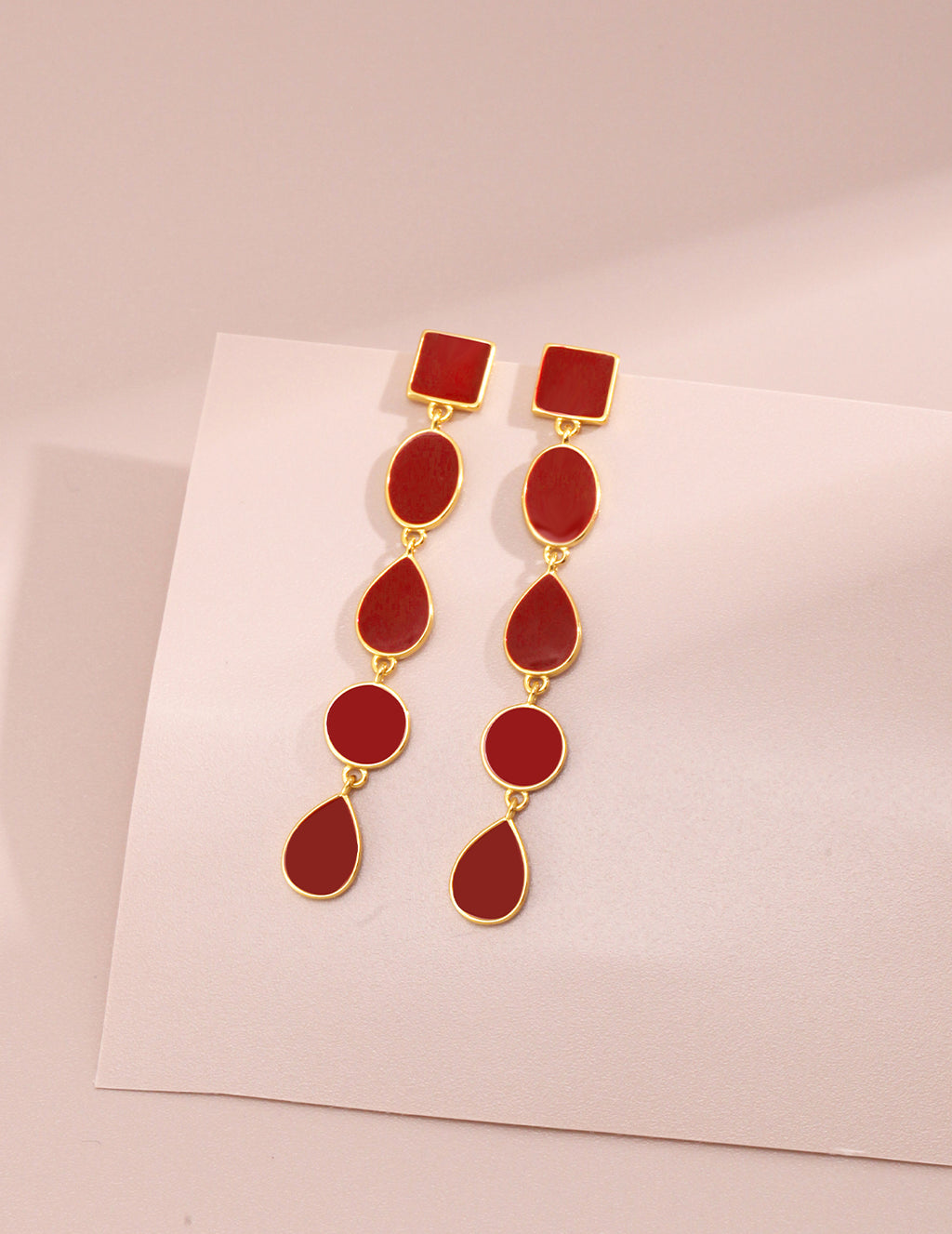 Chinese Red Enamel Earrings|Geometric Dangle Sterling Silver Collection