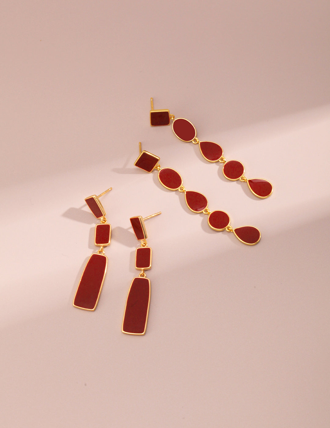 Chinese Red Enamel Earrings|Geometric Dangle Sterling Silver Collection