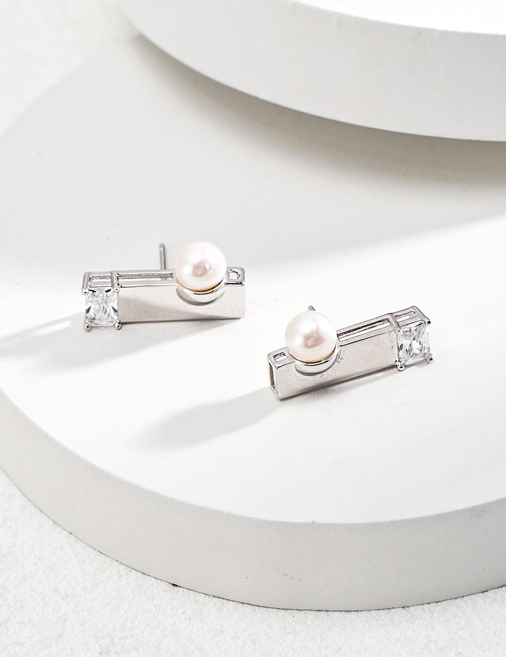 Sterling Silver Pearl Earrings|Minimalist Zircon Studs with Elegance