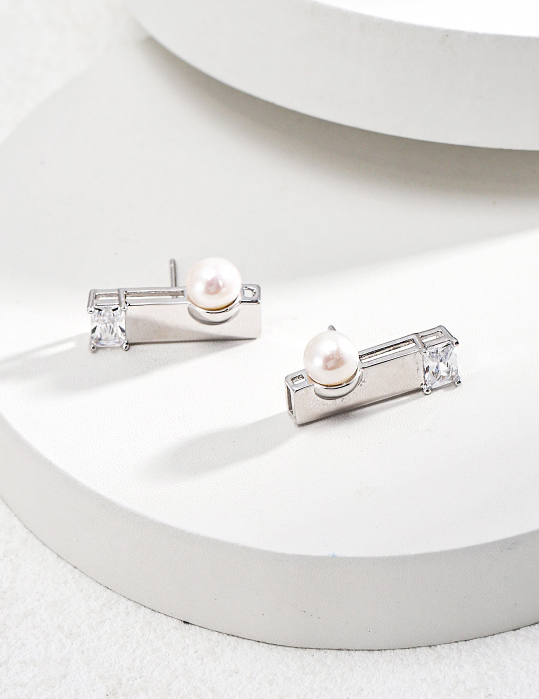 Sterling Silver Pearl Earrings|Minimalist Zircon Studs with Elegance
