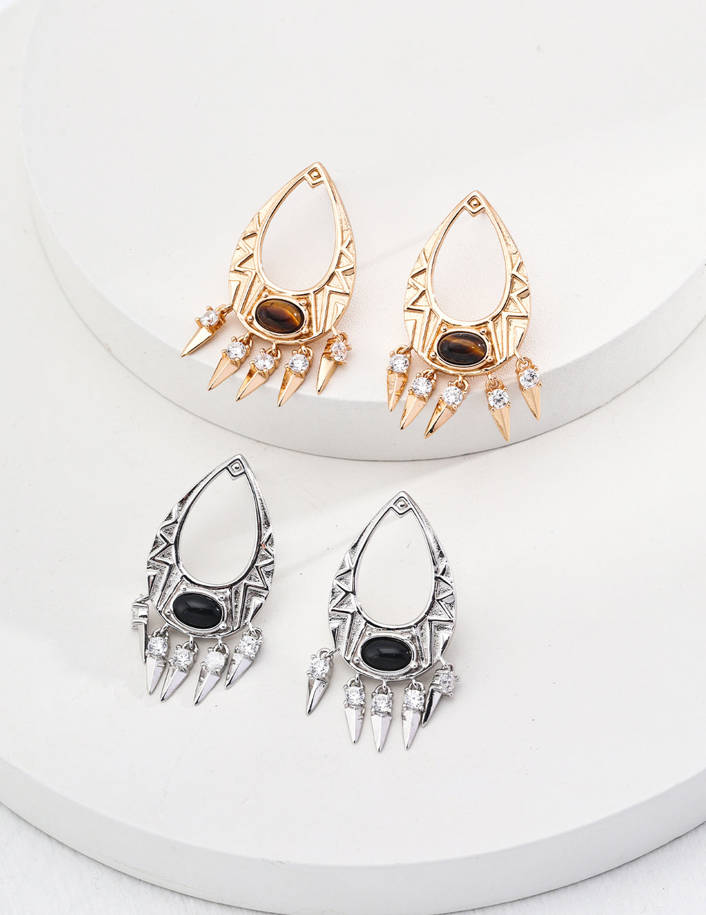 Sterling Silver Black Onyx&Tiger’s Eye Vintage Earrings|Timeless Retro Charm