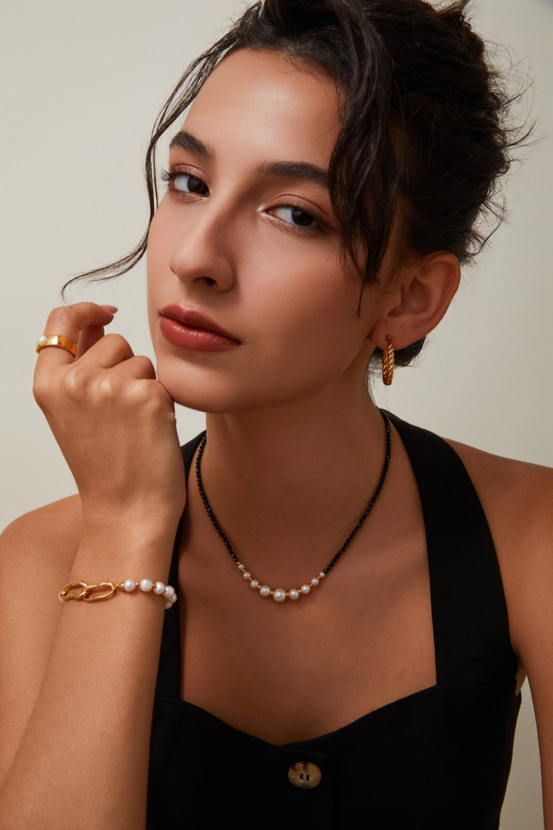 S925 Silver Vintage Gold Black Spinel & Pearl Earrings and Necklace Set