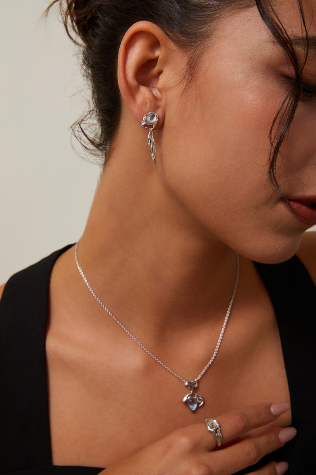 S925 Silver Moonstone Earrings and Necklace Set(Synthetic Moonstone)