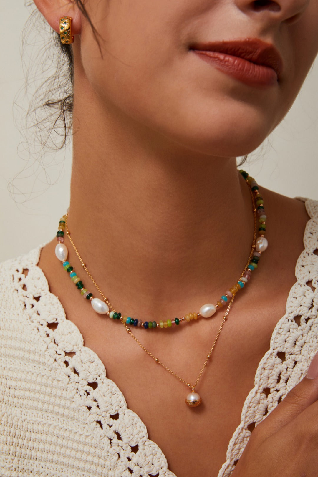 S925 Silver Vintage Gold Rainbow Pearl Necklace and Bracelet Set