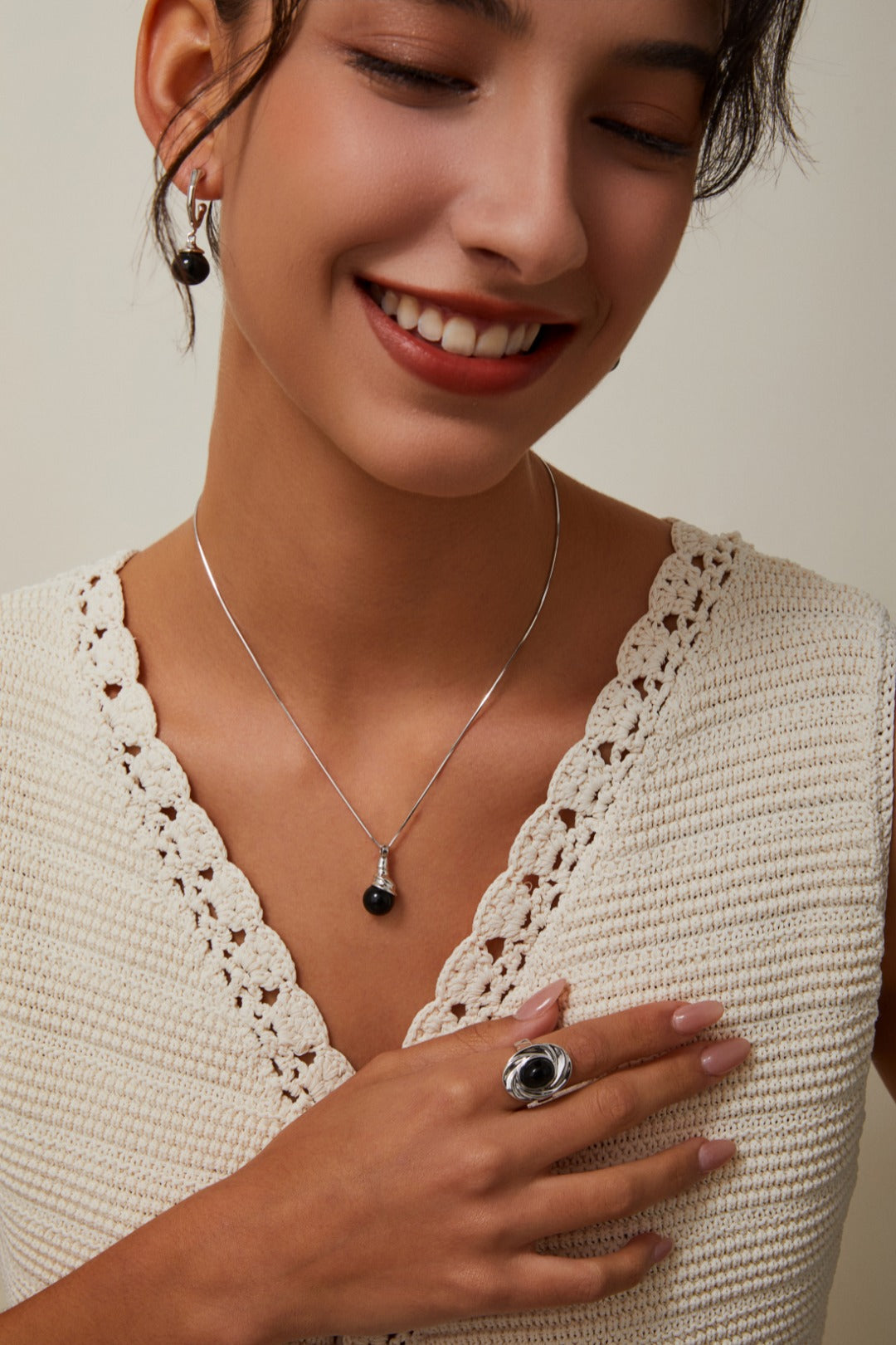 S925 Silver Black Onyx Necklace and Earrings Set