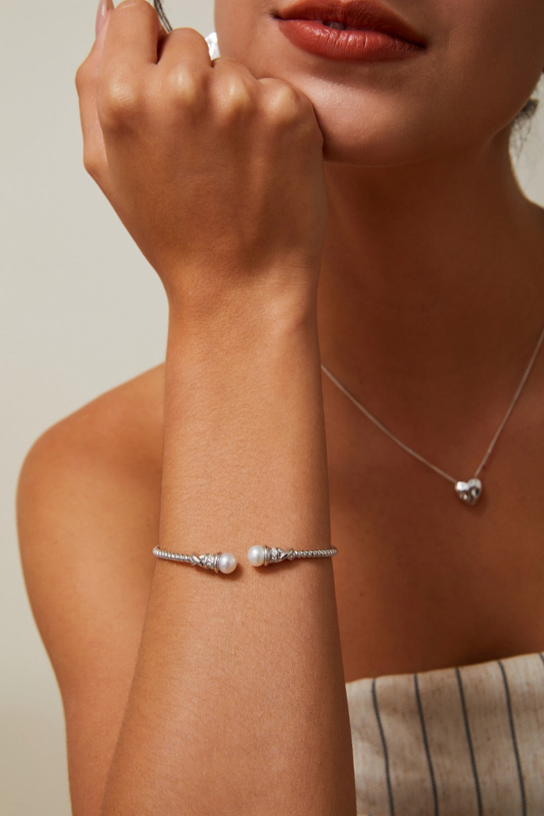 Sterling Silver & Luminous Pearl Open Cuff Bangle